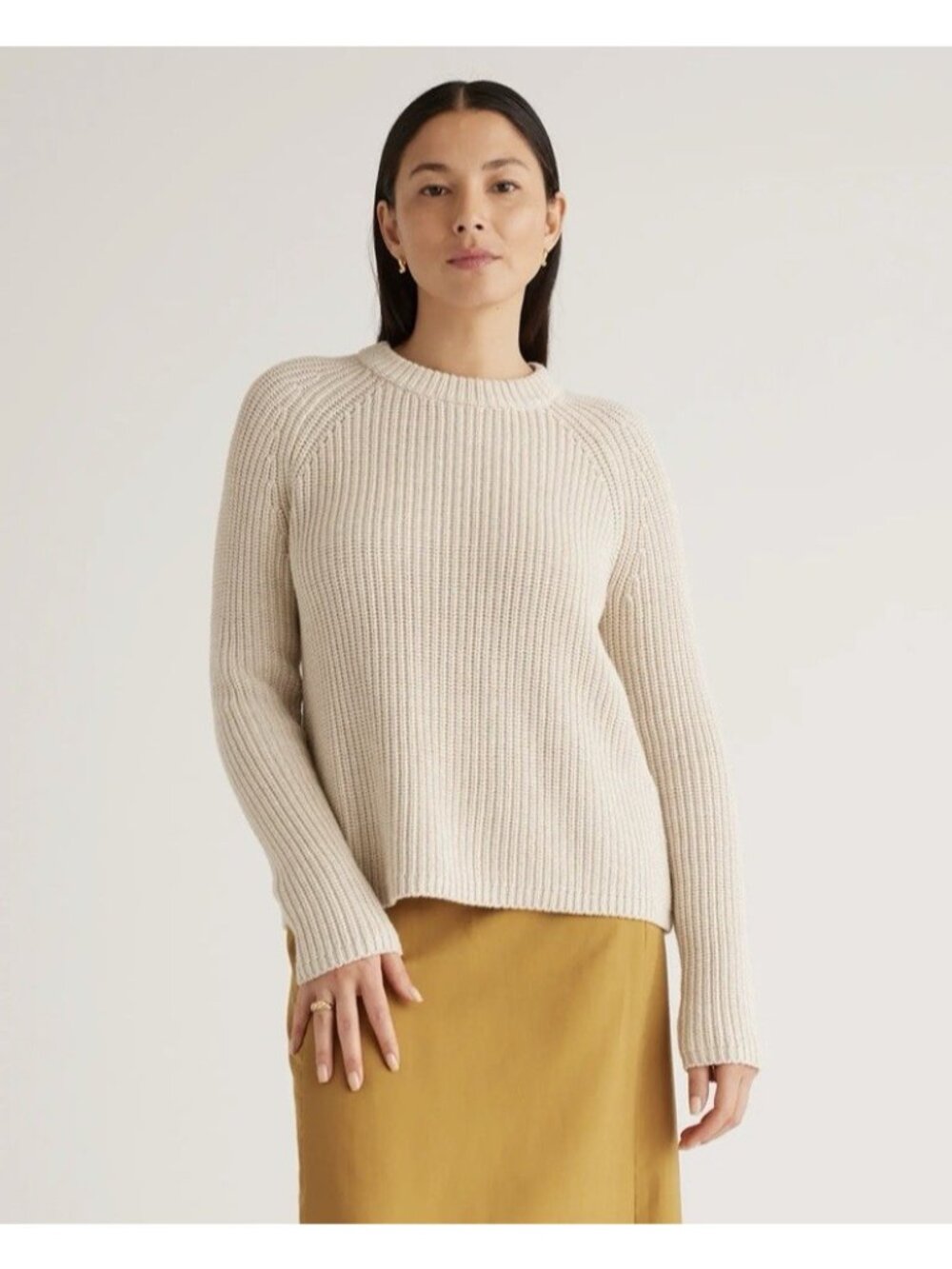Quince Organic Cotton Fisherman Crew Neck Sweater Speckled Beige Size L